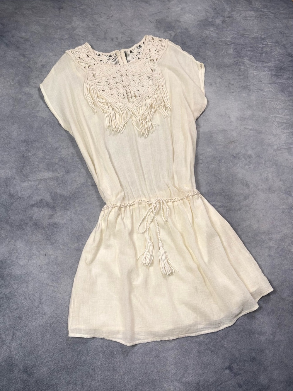 ULLA JOHNSON IVORY BOHO CROCHET TASSEL Y2K GRUNGE MINI DRESS RRP600$+
